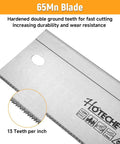 Close-up of 65Mn blade showing 13 teeth per inch for Miter Box And Saw Set 14 Inch Back Saw With ABS Box For Woodworking Trim Molding