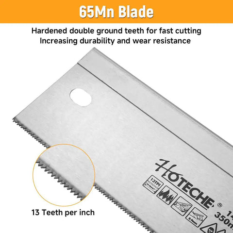 Close-up of 65Mn blade showing 13 teeth per inch for Miter Box And Saw Set 14 Inch Back Saw With ABS Box For Woodworking Trim Molding