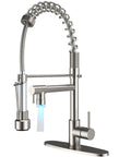Spring Kitchen Sink Faucet With Pull Down Sprayer, Contemporary Stainless Steel, Single Handle, Brushed Nickel Finish, LED