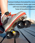 Person skating with Eight Pack 58mm By 32mm Quad Roller Skating Wheels 82A Outdoor PU Wear Resistant Double Row Replacements With ABEC 9 Bearings And Spacers For Fast Rolling on wooden deck.