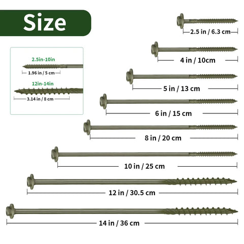 Heavy-Duty #14 Timber Screws With Hex Socket Heads, Green Zinc Coated Rust Resistant Finish, various sizes from 2.5 to 14 inches.