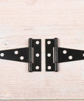 Heavy Duty T Shape Door Hinges Set With Zinc Coating In Iron, horizontal layout, six screw holes visible on each hinge