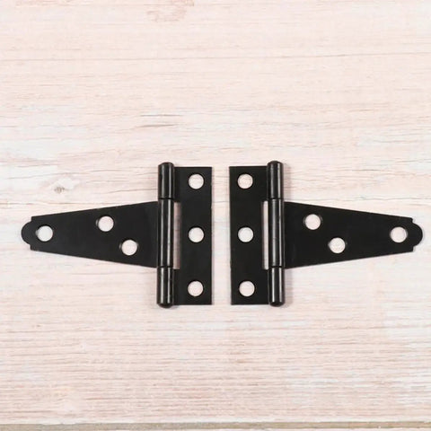 Heavy Duty T Shape Door Hinges Set With Zinc Coating In Iron, horizontal layout, six screw holes visible on each hinge