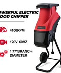 Electric Wood Chipper Shredder With 15 Amp Motor And Collection Bag For Easy Yard Cleanup Ultra Quiet Workhorse Brushless Power Built To Last Handles Branches Up To 1 5/8 Inches For Composting PS10 - red and black design with specifications displayed