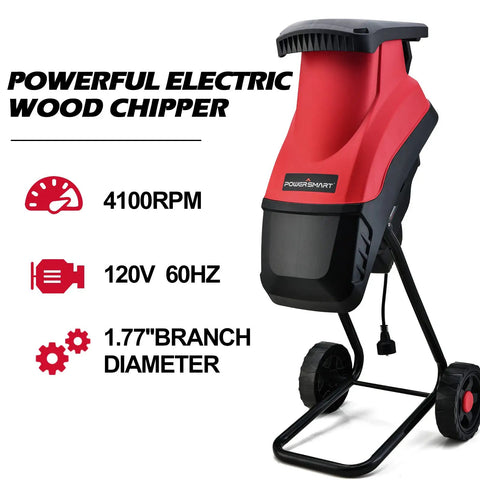 Electric Wood Chipper Shredder With 15 Amp Motor And Collection Bag For Easy Yard Cleanup Ultra Quiet Workhorse Brushless Power Built To Last Handles Branches Up To 1 5/8 Inches For Composting PS10 - red and black design with specifications displayed