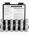 ACEDTOOL annular cutter set, front view; 6 Weldon shank HSS bits, 2" depth, 5/8, 3/4, 7/8; 2 pilot pins.