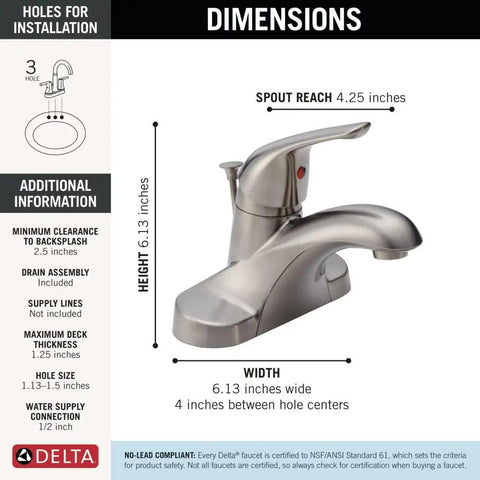 Dimensions and features of the Foundations Centerset Bathroom Faucet Brushed Nickel 1 Handle With Metal Push Pop Drain 4 Inch Centerset Sink Faucet Water Saving CALGreen Compliant Water Sense Labeled Includes Stainless Drain Assembly B510LF SS.