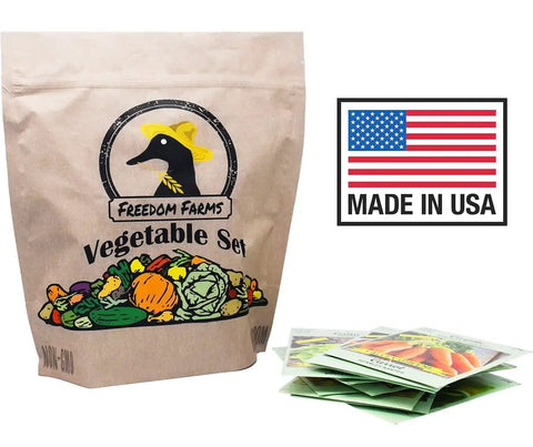 43 Assorted Vegetable And Herb Seed Packets Stash With Over 10,000 Seeds Includes Mylar Storage Bag For Easy Long Term Seed Storage Deluxe Heirloom Non GMO Collection High Germination In 7 To 14 Days Backyard Gardener Starter Kit package with Made in USA label and seed packets visible.