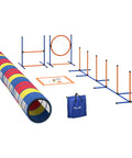 All In One Dog Agility Training Set 12 Piece Obstacle Course With Adjustable Hurdle And Ring Four Tunnels Weave Poles Pause Box Visible