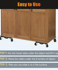 4 Pack Steel Tri-Dolly Furniture Movers Set With 3 Wheel Design under wooden cabinet, demonstrating moving steps