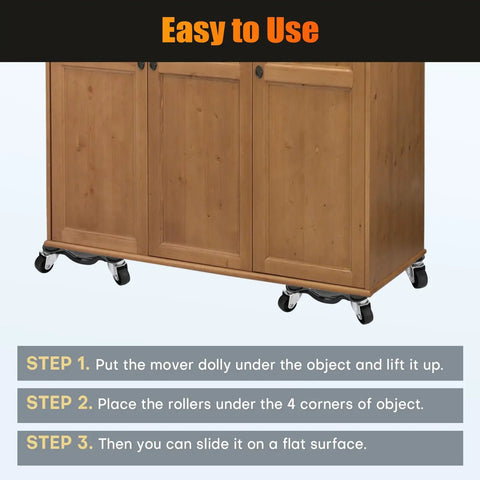 4 Pack Steel Tri-Dolly Furniture Movers Set With 3 Wheel Design under wooden cabinet, demonstrating moving steps