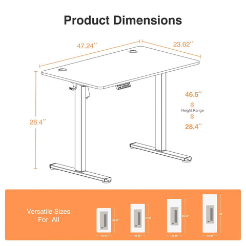 Dimensions diagram of Electric Standing Desk With 3 Memory Presets, 48x24 Inch Sit Stand Office Desk, Adjustable Height, White Finish.