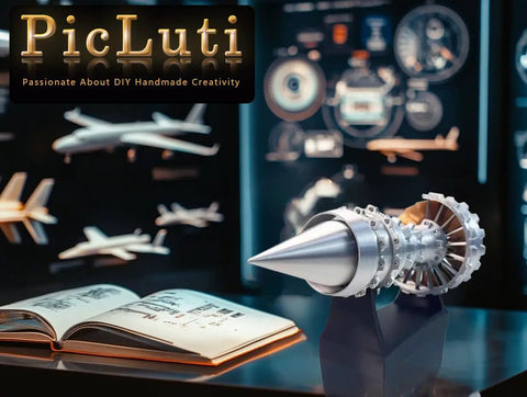 Turbofan Engine Model 28cm Replica For Science Education And Aviation Nerd Gift on a desk with open book and plane models in background.