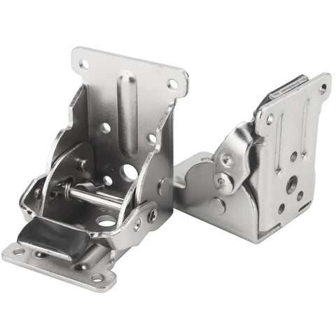 Heavy duty folding table leg brackets with adjustable hinges and screws for DIY workbenches, silver finish, 500 lb capacity.