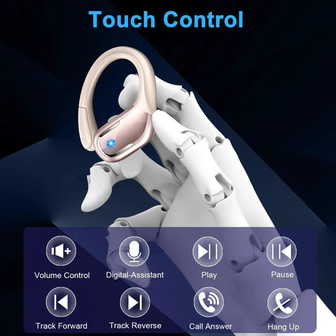 Beast Mode Wireless Earbuds With 75H Battery Life, Bluetooth 5.4, IP7 Waterproof, ENC Noise Canceling Mic shown in robotic hand.