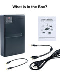 DC UPS Battery Backup Uninterruptible Power Supply With 18W Output And 5V 9V 12V 15V 24V Options shown with cables and manual