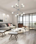 Living room with Six Light Sputnik Chrome Pendant Chandelier For Kitchen And Dining, Entryway, Mid Century Modern Farmhouse Vibe