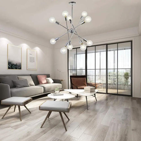 Living room with Six Light Sputnik Chrome Pendant Chandelier For Kitchen And Dining, Entryway, Mid Century Modern Farmhouse Vibe