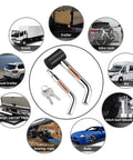 Right Angle Hitch Receiver Pin Lock With Dual One Half Inch And Five Eighths Inch Pins for Class I IV One Quarter Inch, Two Inch, and Two And One Half Inch Hitches displayed with bike rack and trailer images.