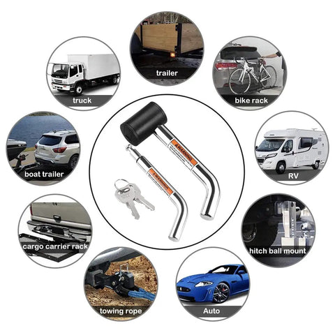 Right Angle Hitch Receiver Pin Lock With Dual One Half Inch And Five Eighths Inch Pins for Class I IV One Quarter Inch, Two Inch, and Two And One Half Inch Hitches displayed with bike rack and trailer images.