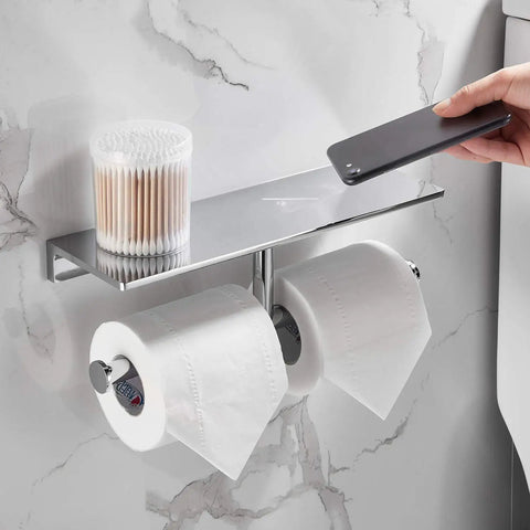 Double Roll Toilet Paper Holder With Shelf In Solid Brass And Polished Chrome Finish A Real Hotel Style Tissue Dispenser Upgrade For Your Bathroom Built Tough Against Rust Extra Storage Holds Rolls Up To 5.31 Inches