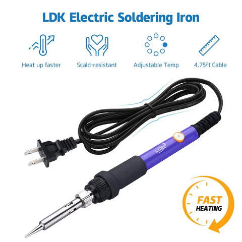60W Adjustable Temperature Soldering Iron Kit With Quick Heat Ceramic Technology, electric corded iron with tips displayed
