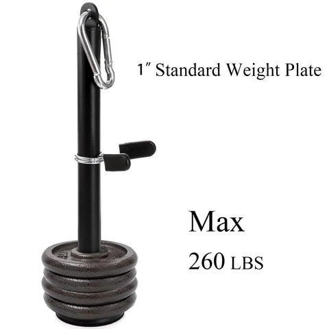 Heavy Duty Weight Loading Pin For 1 Inch And 2 Inch Weight Plates With Strong Carabiner For Cable Pulley Lat Pulldown Home Gym Workouts Up To 260 Lbs For Plyometrics And Strength Training, showing black pin with weights and carabiner