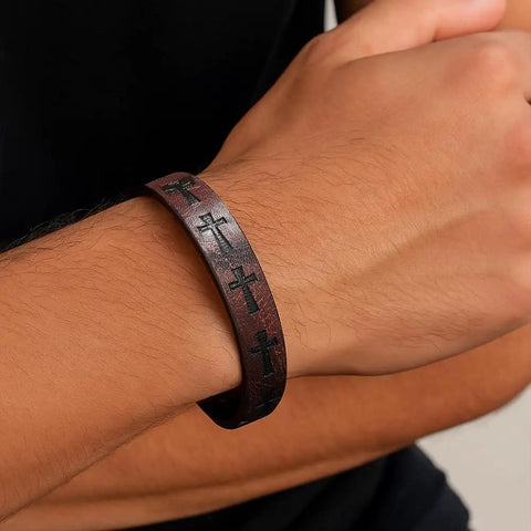 Premium Cross Woven Leather Bracelet Giving Sick Drip And Bold Flex on wrist with cross motifs and secure adjustable buckle.