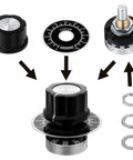 Two Pack 10K Potentiometer Single Turn Carbon Film Rotary Rheostat With A03 Knob For Inverter Speed Regulation and Motor Speed Control 300 Degree Mechanical Range Durable Construction, parts displayed separately.