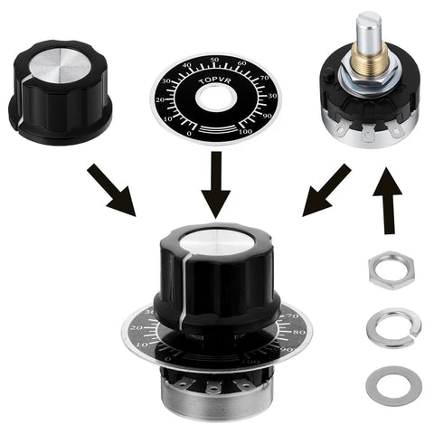 Two Pack 10K Potentiometer Single Turn Carbon Film Rotary Rheostat With A03 Knob For Inverter Speed Regulation and Motor Speed Control 300 Degree Mechanical Range Durable Construction, parts displayed separately.