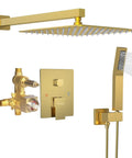 Brushed Gold 10 Inch Shower System With Rain Shower Head And Handheld Spray Wall Mounted High Pressure Mixer Rough In Valve Body And Trim Lead Free Metal Construction For Durable Spa Like Showers