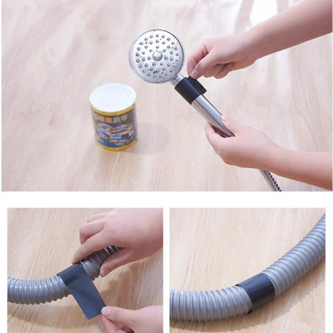 Heavy Duty Black PVC Repair Sealant Tape Waterproofs Leaks And Cracks Instantly For Kitchen Pipes Drains And Bathroom Fixings showing application on shower pipe.