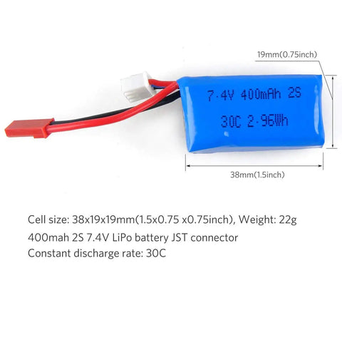Ultra Compact 400mAh 2S 7.4V 30C LiPo Battery Pack With JST Plug For Micro FPV Racing Drones Tiny Whoop Quads dimensions and specs