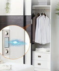 Ultra Thin Magnetic Door Catch With Strong Adhesive No Drill Install for cabinets shown in closet setting with sealed drawer magnets