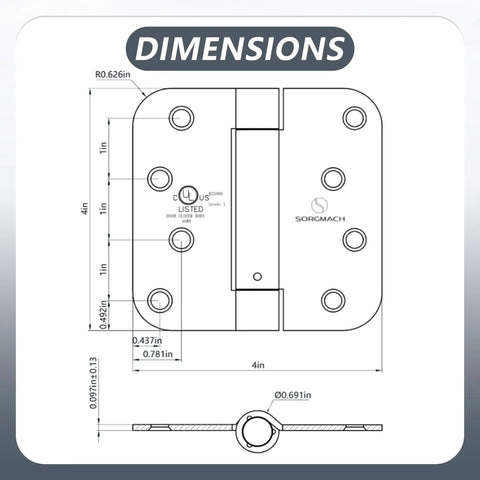 Dimensions diagram of Oil Rubbed Bronze Self Closing Hinge With Adjustable Spring, Auto Close Door Hardware, Five Eighth Inch Radius Corner