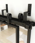 Premium Clear Tempered Glass Bypass Barn Doors 144 By 96 Inches with black carbon steel hardware and smooth rollers.