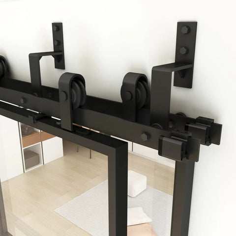 Premium Clear Tempered Glass Bypass Barn Doors 144 By 96 Inches with black carbon steel hardware and smooth rollers.