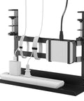 Under Desk Cable Management Tray With No Drill Clamp Mount, sturdy metal organizer installed, cables organized, easy home office setup.
