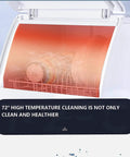 Interior view of compact mini portable countertop dishwasher showing clean dishes and steam for high-temperature cleaning.