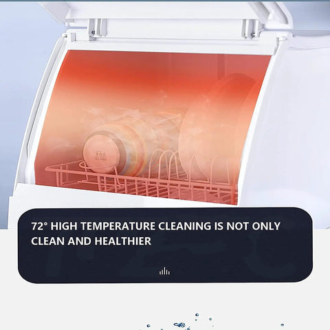 Interior view of compact mini portable countertop dishwasher showing clean dishes and steam for high-temperature cleaning.