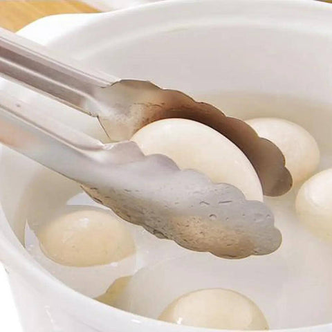 Two Pack 9 Inch And 12 Inch Stainless Steel Kitchen Tongs With Locking Mechanism Brushed Black Finish gripping boiled egg in water