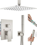 Ceiling Mount Shower Faucet Set With 12 Inch Square Fixed Shower Head And 2 In 1 Handheld Sprayer Brushed Nickel Finish SUS304