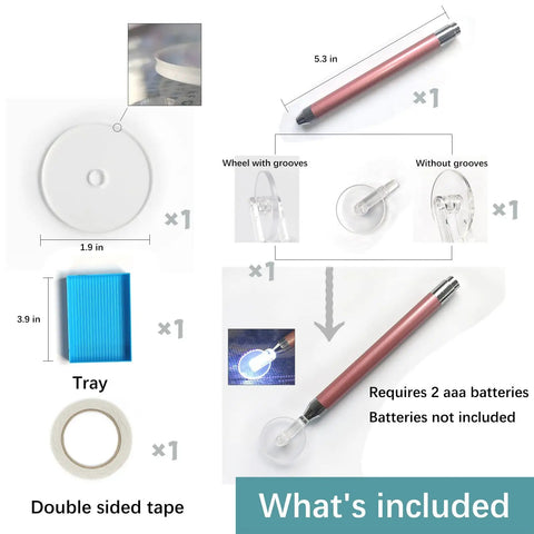 Contents of Grooved Diamond Painting Wheel Tool For Pro Grade Gem Art Pen Kit with dimensions and components listed.