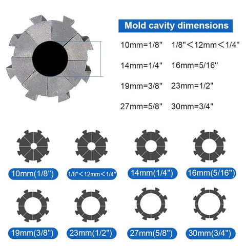 Mold cavity dimensions chart for Heavy Duty Hydraulic Hose Crimping Tool With 8 Die Sets For 6 To 28mm Hose And One Quarter Inch Hydraulic Cables Single And Double Braided Crimper 1000 Tons Capacity Wide Crimp Range Durable Pro Grade
