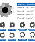 Hose Crimper Kit With 8 Dies Set, Hydraulic Manual Crimping Tool, diagram showing mold cavity dimensions in mm and inches