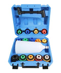 No More Messy Oil Pouring With This Universal Flexible Funnel Kit featuring various adapters and a spill-proof funnel in blue carrying case.