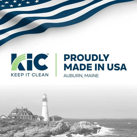 Keep It Clean logo over American flag with 'Proudly Made in USA, Auburn, Maine' for Waffletechnology Cleaning Cards For Money Counter Machine Presaturated With WonderSolvent Cleaning Formula 3 Inch By 6.25 Inch 15 Cards No Fuss Maintenance For Currency Counters Fast Clean And Accurate Readings.
