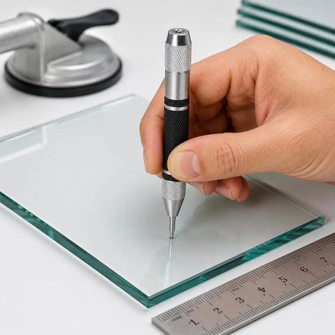 Hand using Automatic Center Punch With 2 Extra Tips, 5 Inch Heavy Duty Steel Spring Loaded Tool on glass with ruler