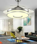Invisible Ceiling Fan With Light 42 Inch Retractable Blades Chandelier Style Modern Remote Control Bedroom LED Fixture Chrome Finish Dual Down Rods Reversible Blades For Airflow And Lighting in a living room setting.