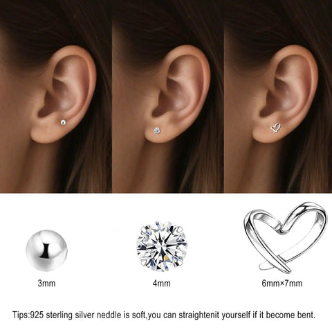 Three Pairs 925 Sterling Silver Stud Earrings Set For Women Hypoallergenic CZ Ball And Heart Mini Studs For Second Hole Lightweight Nickel Free Jewelry Includes Small Heart CZ Everyday Sparkle You Can Rock All Day. 3mm 925 silver ball, 4mm CZ, 6x7mm heart